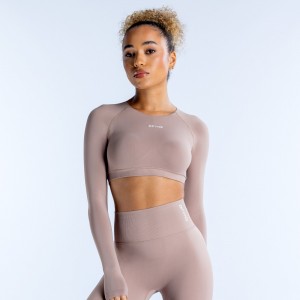 DFYNE Dynamic Long Sleeve Crop Top Dame Beige | 61275-ISFH