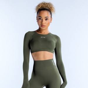 DFYNE Dynamic Long Sleeve Crop Top Dame Olivengrønne | 20345-LIMU